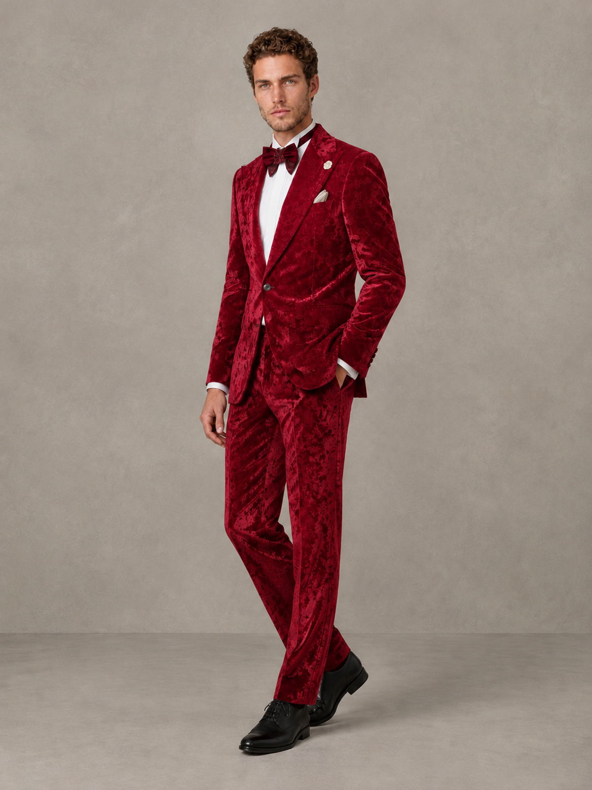 Savile Men's Red Crushed Velvet Peak Lapel 2-Piece Suit Set | Jacket & Trousers - Red - Red (3)