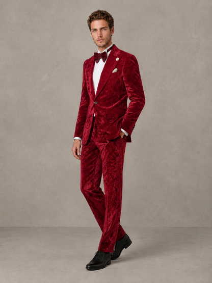 Savile Men's Red Crushed Velvet Peak Lapel 2-Piece Suit Set | Jacket & Trousers - Red - Red (3)