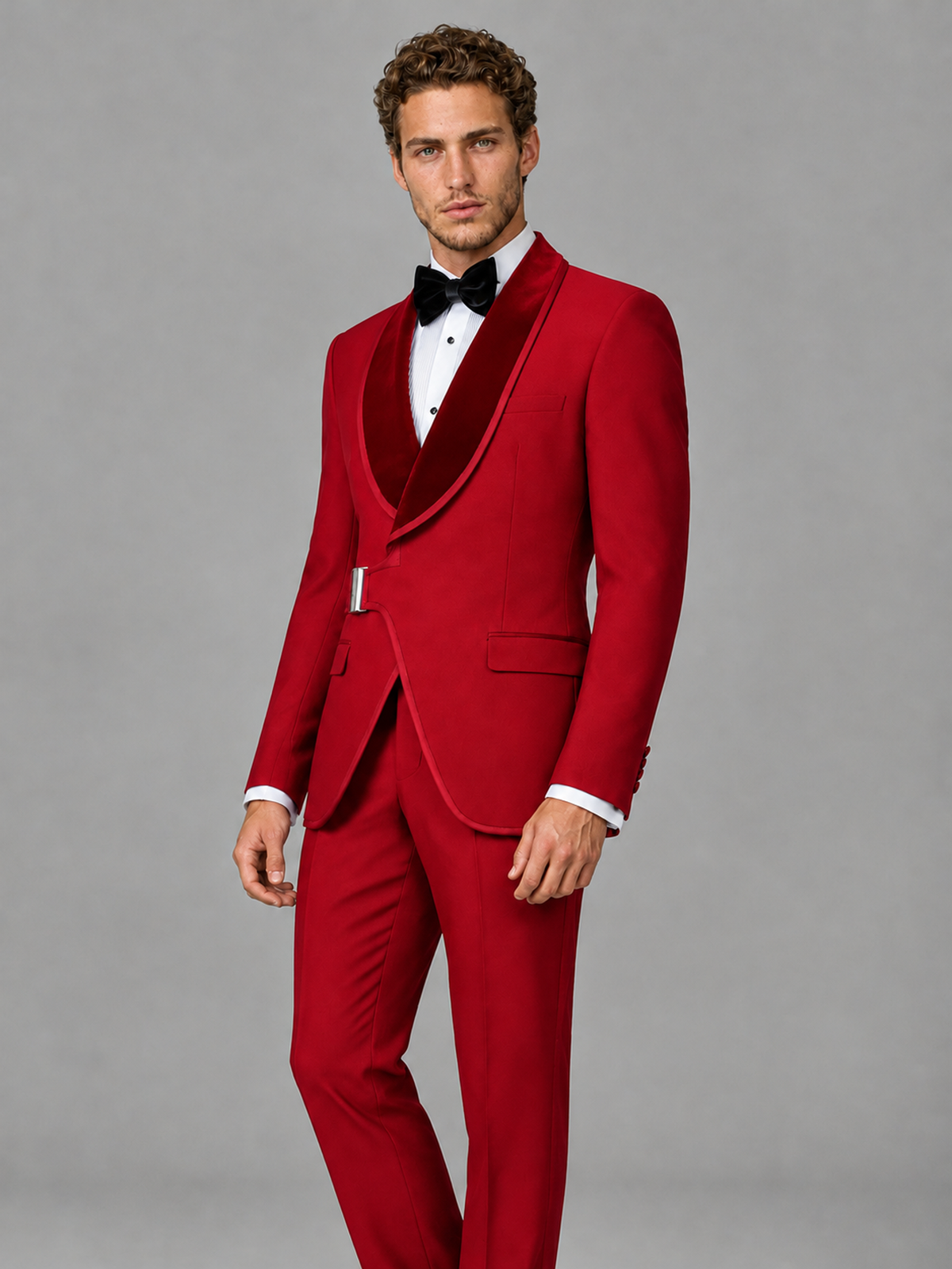 Savile Men's Red Velvet Shawl Lapel Tuxedo Suit – Modern Side-Buckle Dinner Jacket & Trousers 2-Piece Set - Red
