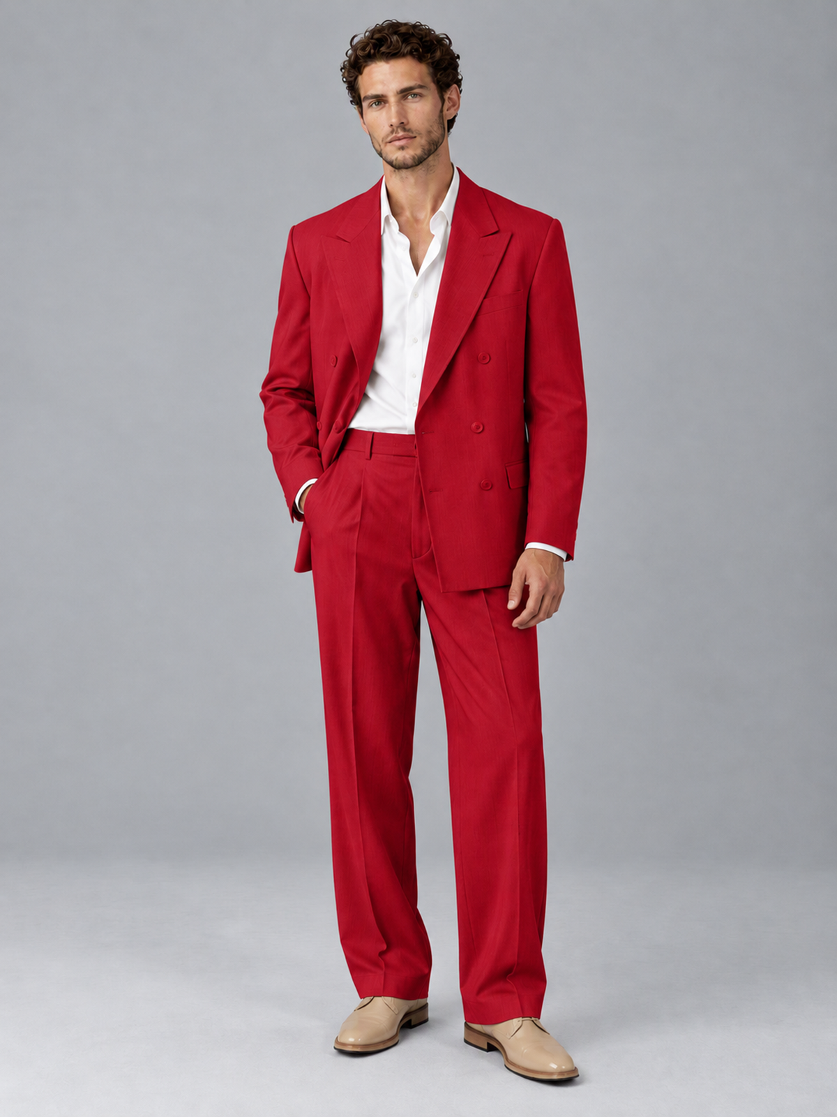 Savile Red Beige Double-Breasted 2-Piece Suit with Peak Lapel - Red