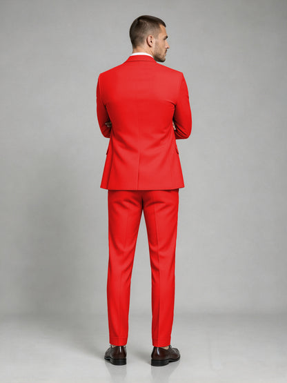 Savile Men's Dark Red Wool-Blend 2-Piece Suit Set – Two-Button Notch Lapel Slim-Fit Blazer & Turn-Up Trousers - Red