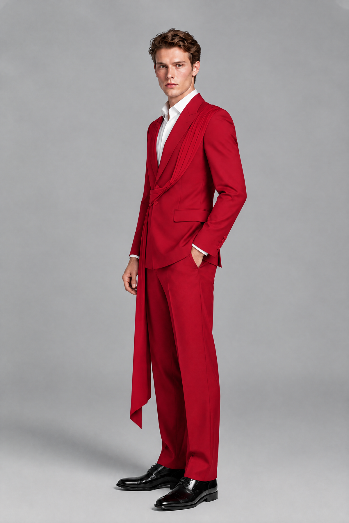 Men's Red Draped Sash Suit – Peak Lapel 2-Piece Slim Fit Party, Gala & Wedding Set - Red