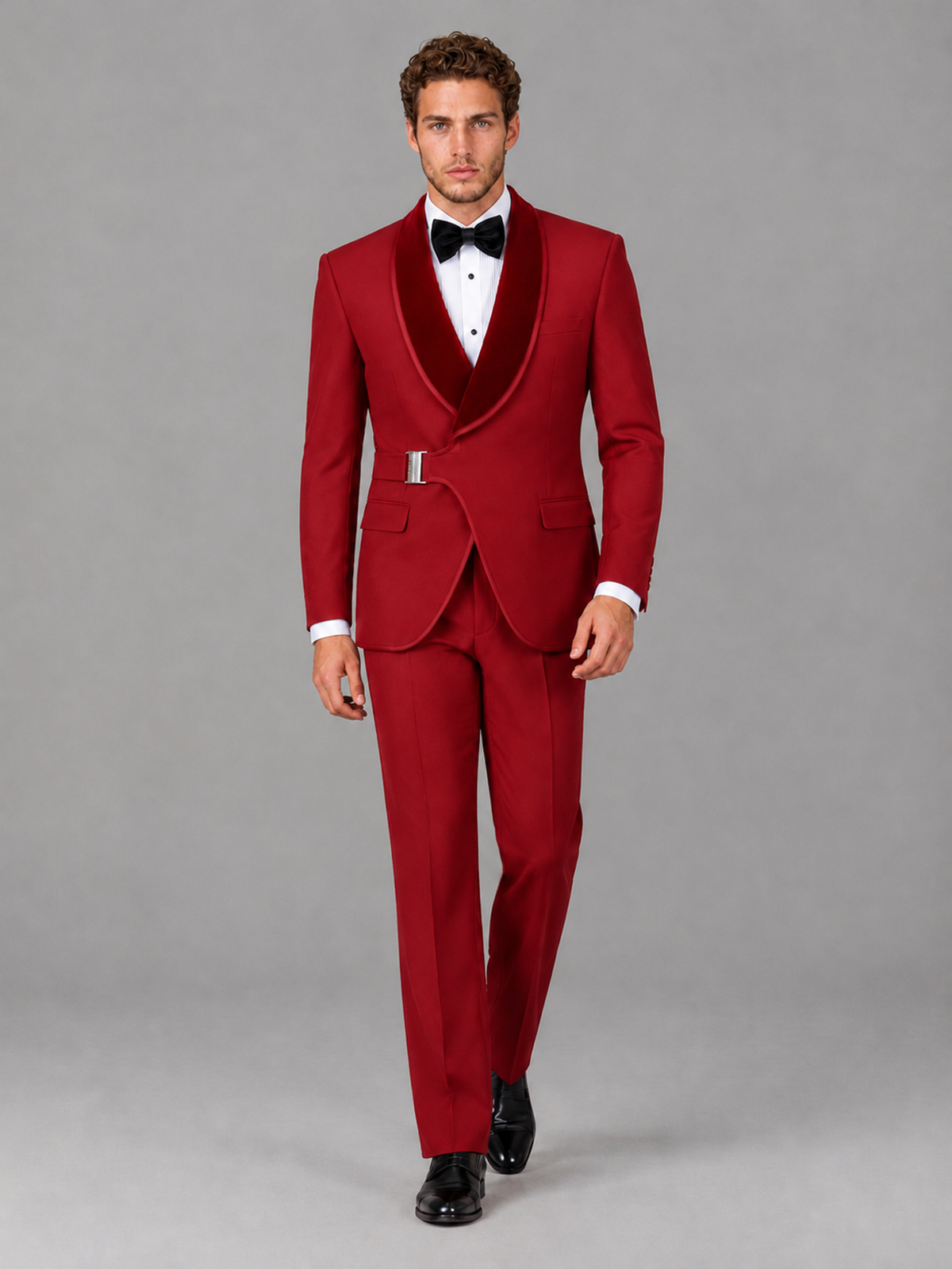 Savile Men's Red Velvet Shawl Lapel Tuxedo Suit – Modern Side-Buckle Dinner Jacket & Trousers 2-Piece Set - Red