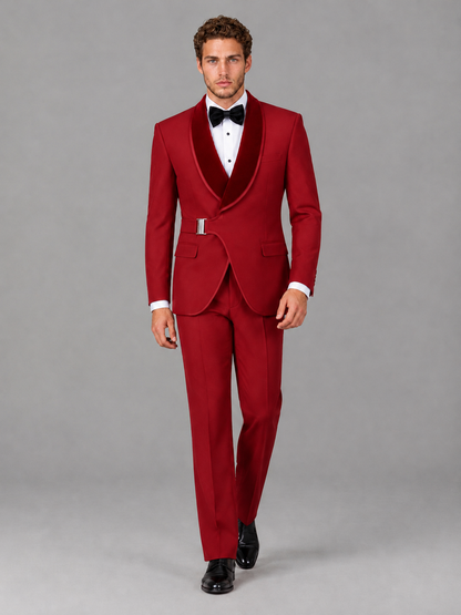 Savile Men's Red Velvet Shawl Lapel Tuxedo Suit – Modern Side-Buckle Dinner Jacket & Trousers 2-Piece Set - Red
