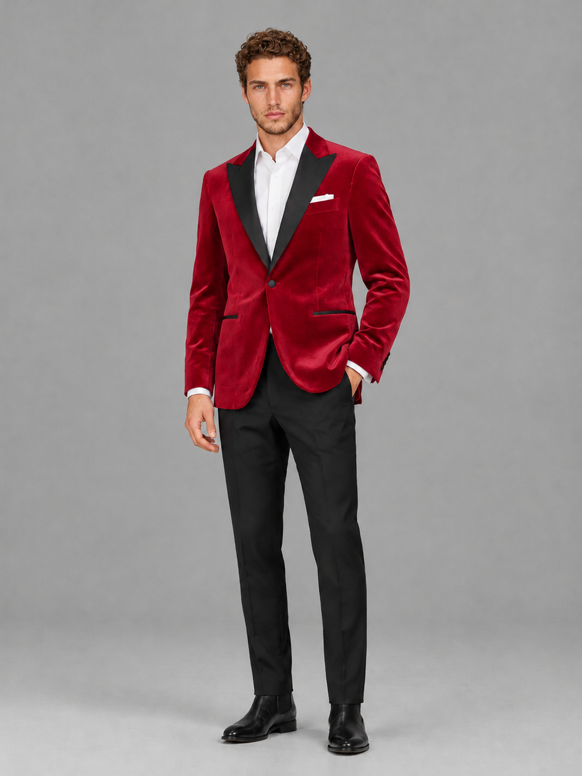 Savile Men's Red Velvet Peak Lapel 2-Piece Tuxedo Suit Set | Jacket & Trousers - Red