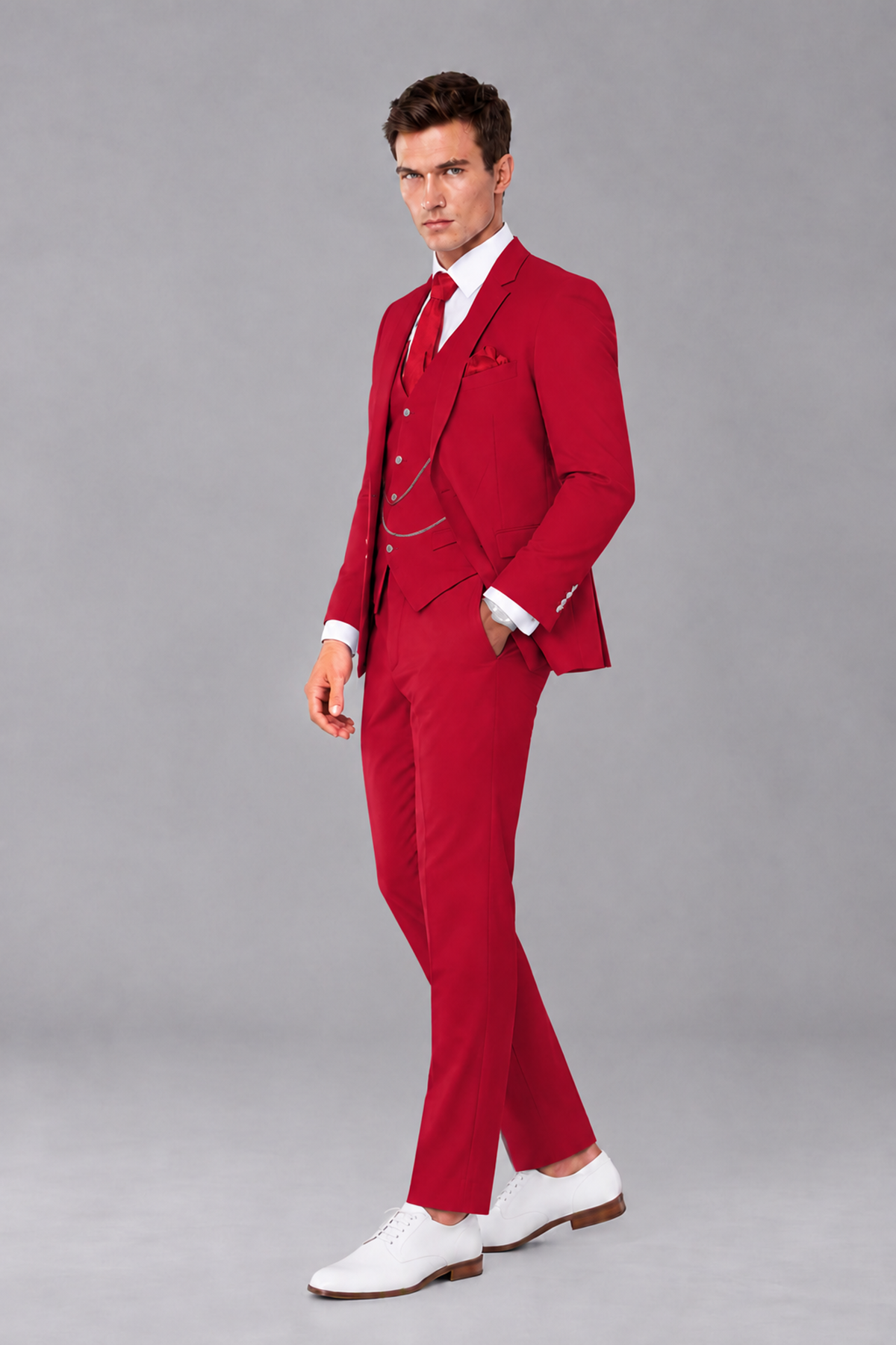 Savile Red 3-Piece Suit with Notch Lapel & Chain Vest - Red
