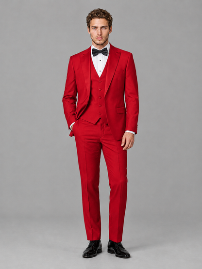 Savile Men's Red Peak Lapel 3-Piece Tuxedo Suit | Jacket, Vest & Trousers - Red