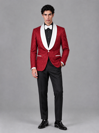 Savile Men's Red Jacquard White Shawl Lapel 2-Piece Tuxedo Suit Set | Jacket & Trousers - Red - Red (4)