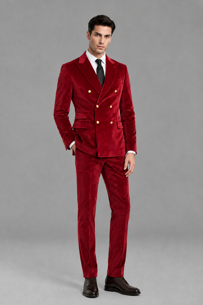 Savile Men's Red Velvet Double-Breasted 2-Piece Suit Set | Peak Lapel Blazer & Trousers - Red