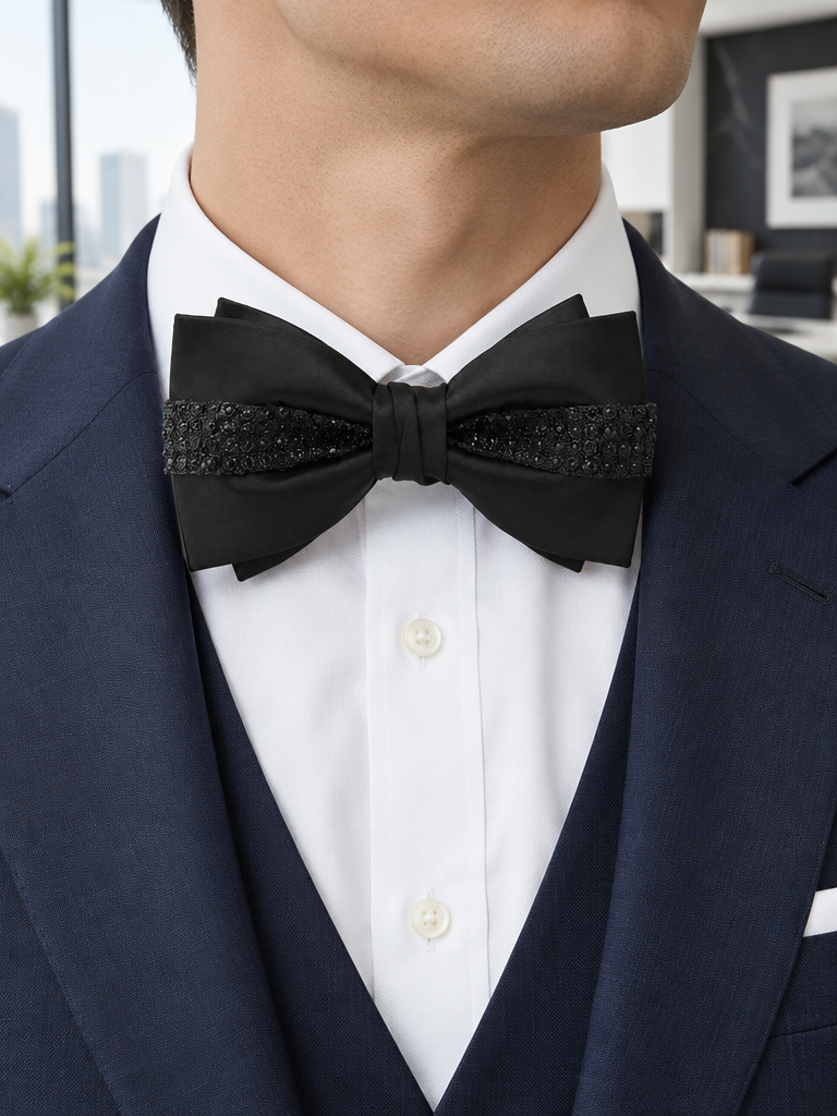 Savile Men's Red Crystal Rhinestone Double-Layer Bow Tie | Stepped Pre-Tied Formal Tuxedo Neckwear - Red - Red (5)