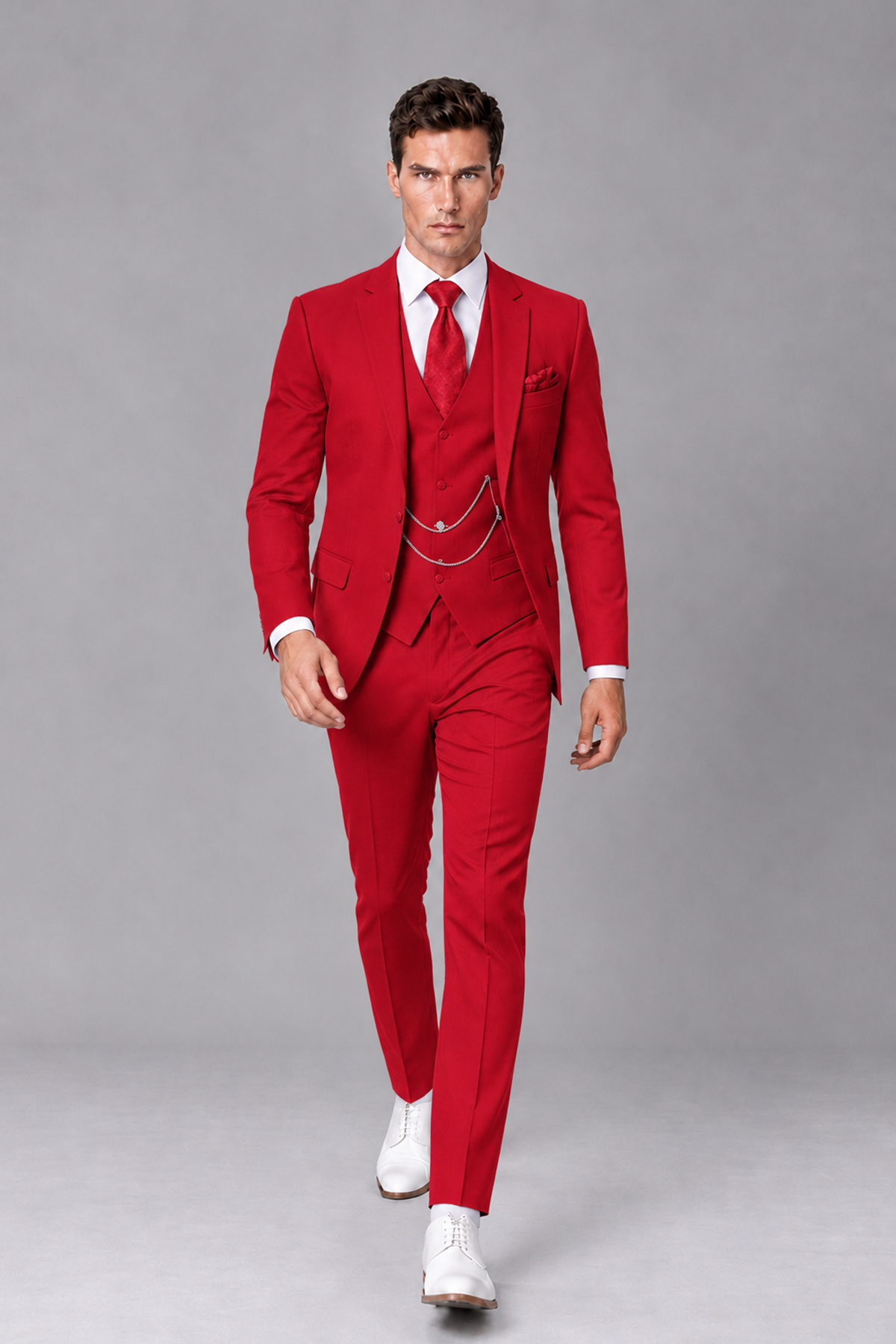 Savile Red 3-Piece Suit with Notch Lapel & Chain Vest - Red