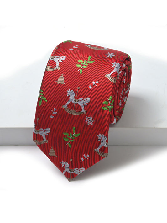 Savile men's Christmas holiday necktie in festive red with woven rocking horse and holiday pattern