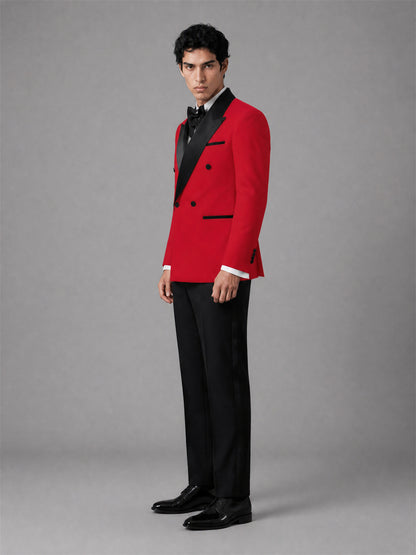 Men's Red Double-Breasted Black Satin Peak Lapel Tuxedo Suit Set | Blazer & Trousers