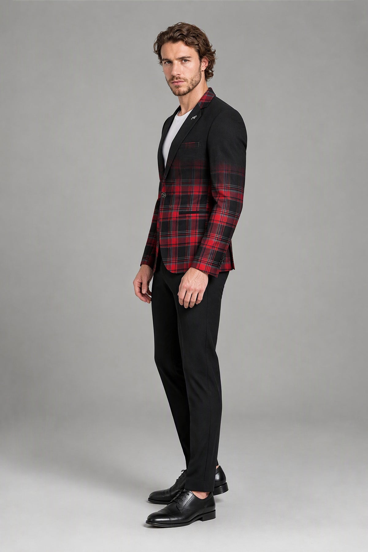 Savile Men's Red & Black Plaid Blazer | Slim-Fit Tartan Check Jacket with Notch Lapel