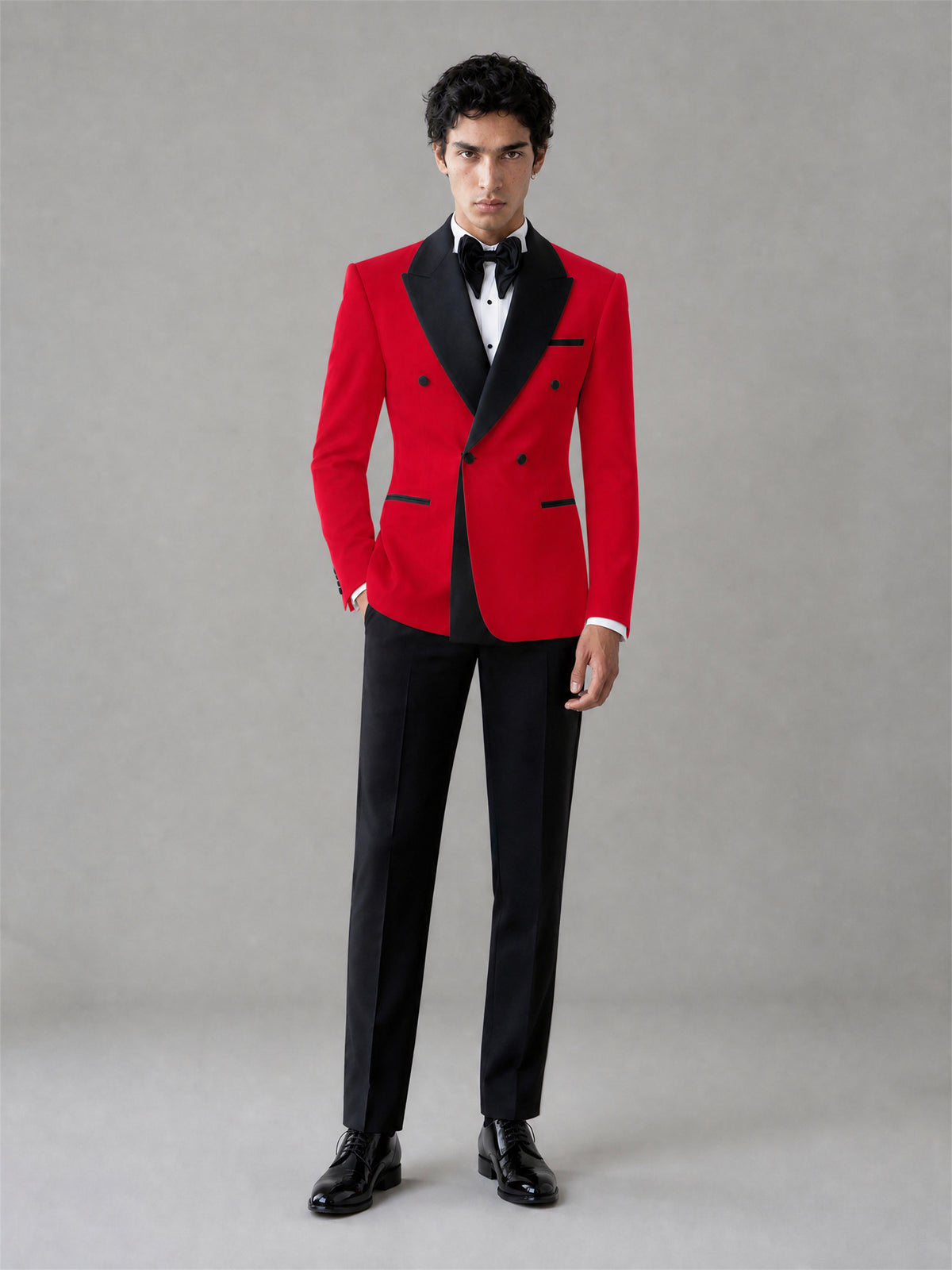 Men's Red Double-Breasted Black Satin Peak Lapel Tuxedo Suit Set | Blazer & Trousers