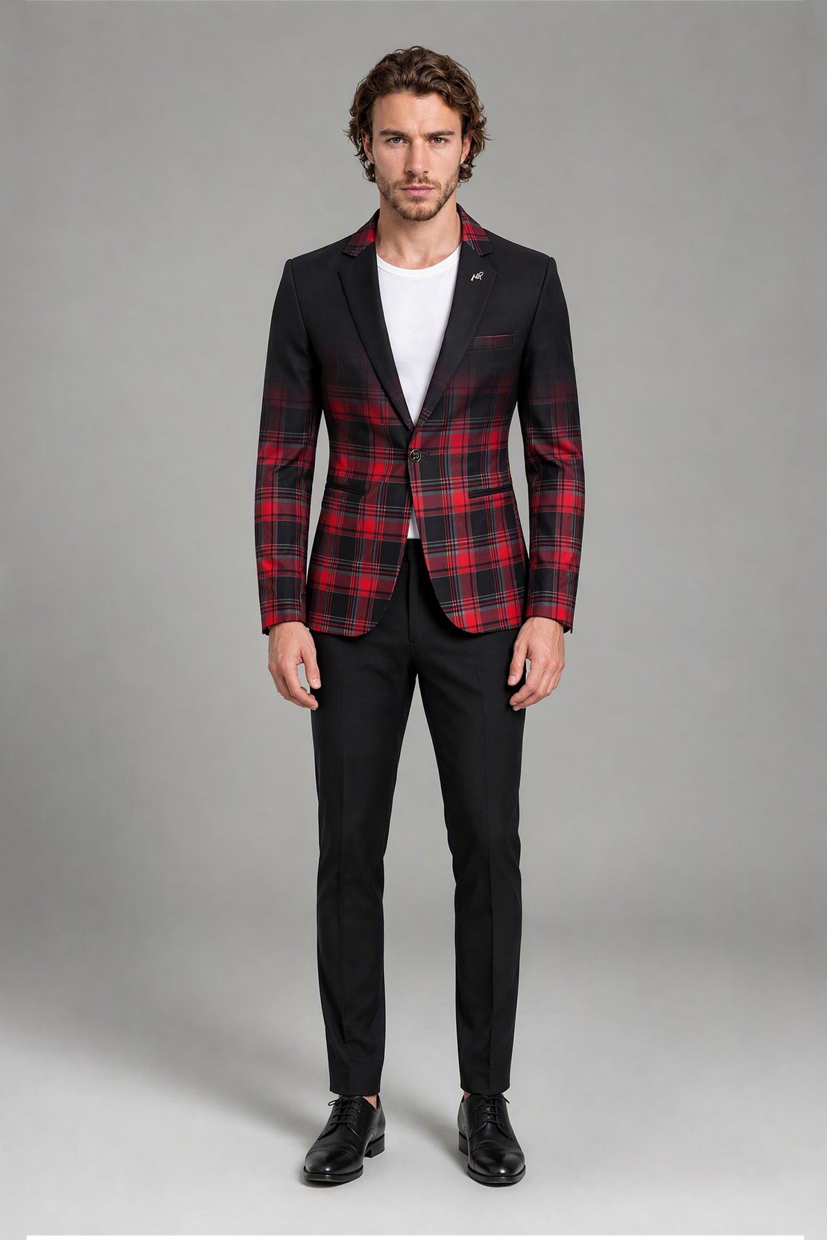 Savile Men's Red & Black Plaid Blazer | Slim-Fit Tartan Check Jacket with Notch Lapel