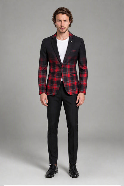 Savile Men's Red & Black Plaid Blazer | Slim-Fit Tartan Check Jacket with Notch Lapel