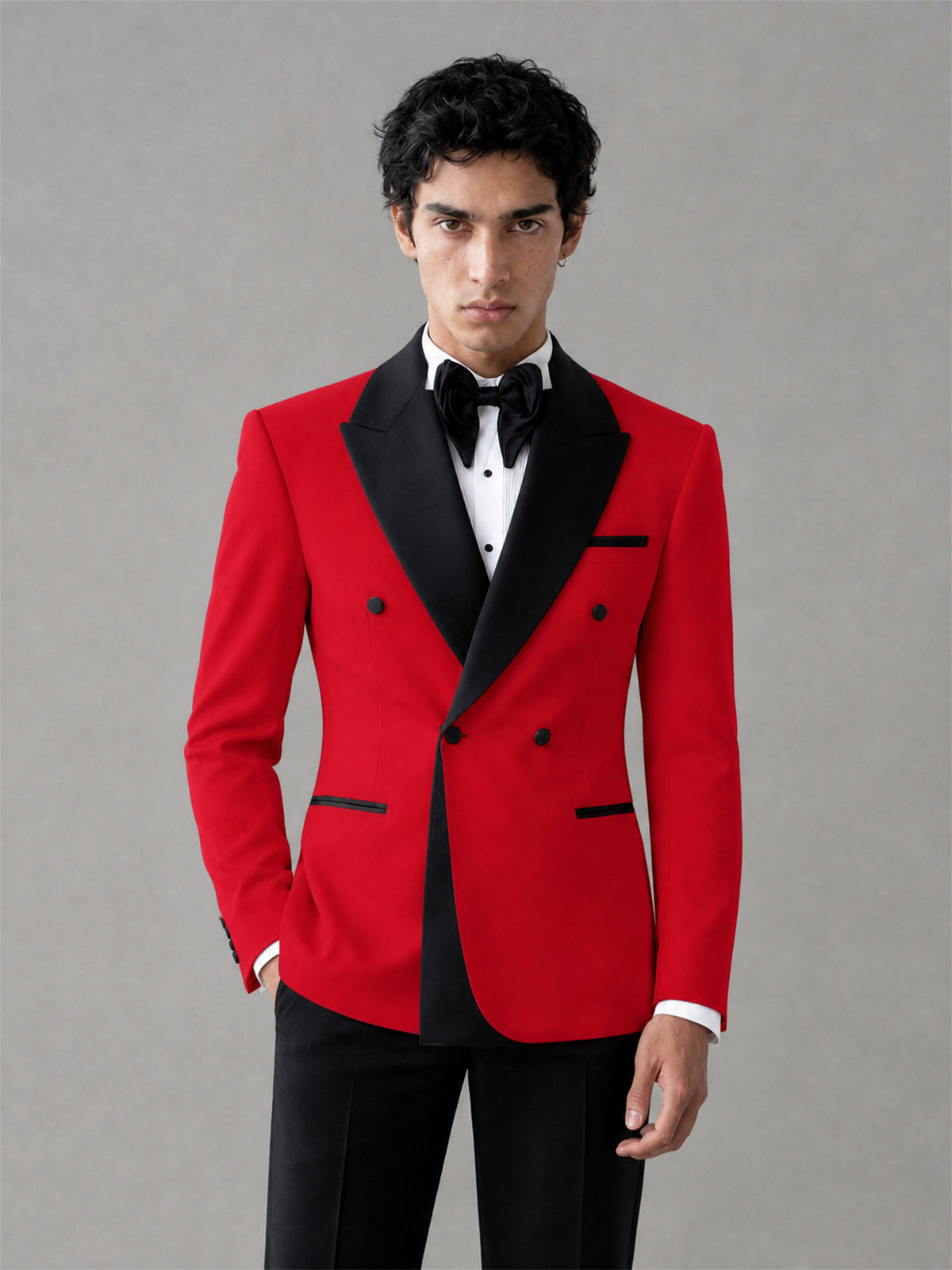 Men's Red Double-Breasted Black Satin Peak Lapel Tuxedo Suit Set | Blazer & Trousers