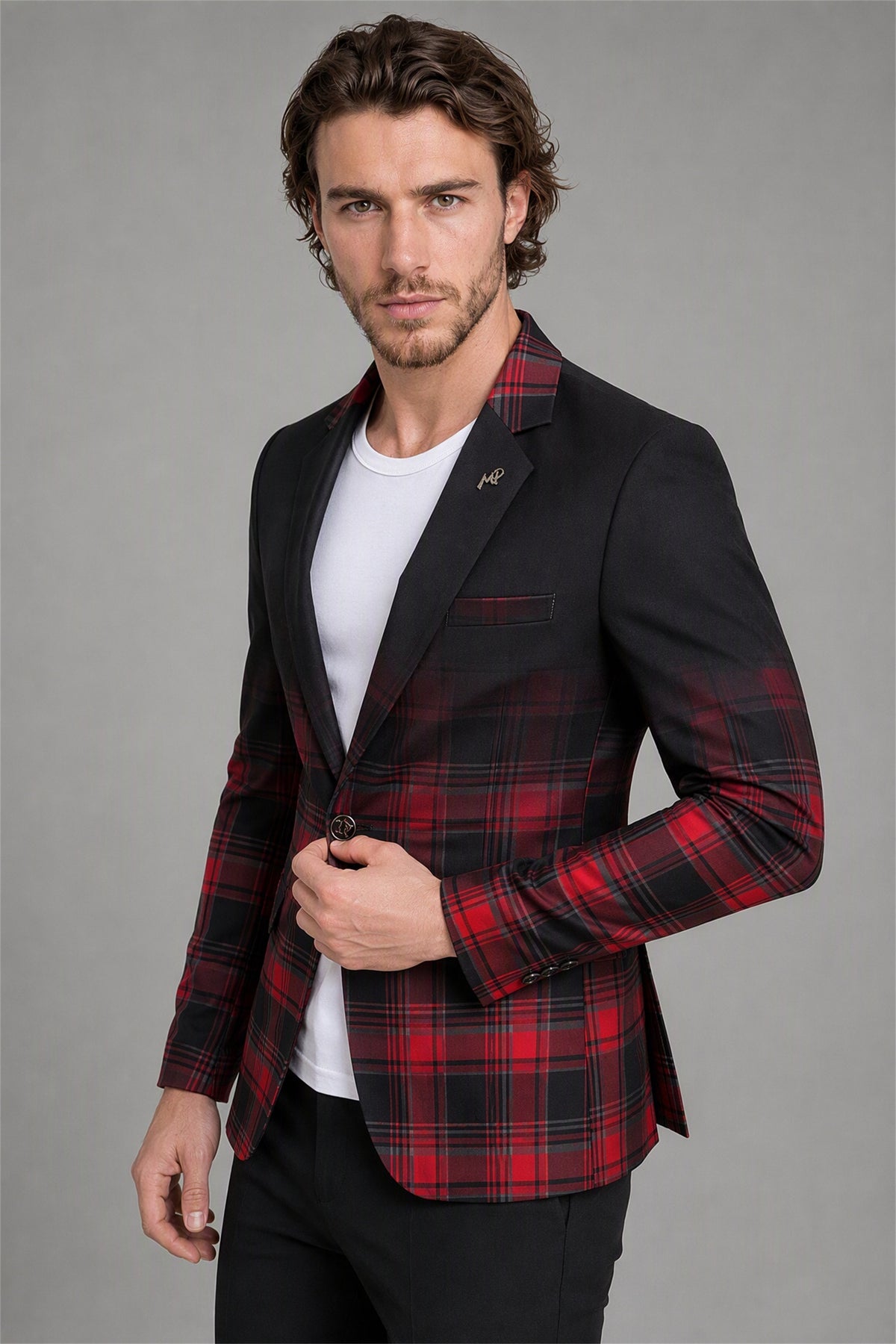 Savile Men's Red & Black Plaid Blazer | Slim-Fit Tartan Check Jacket with Notch Lapel