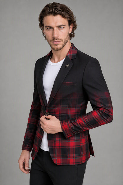 Savile Men's Red & Black Plaid Blazer | Slim-Fit Tartan Check Jacket with Notch Lapel