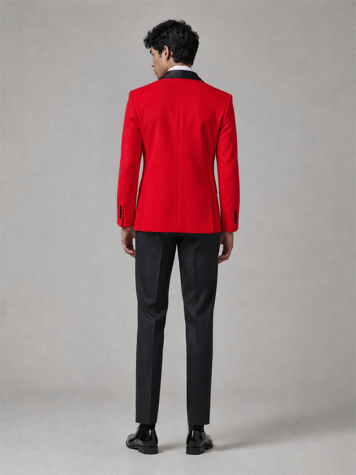 Men's Red Double-Breasted Black Satin Peak Lapel Tuxedo Suit Set | Blazer & Trousers