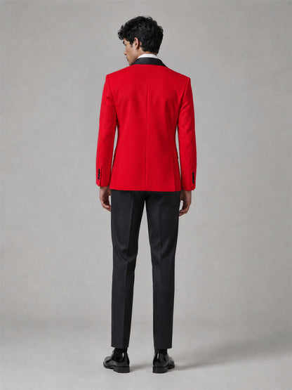 Men's Red Double-Breasted Black Satin Peak Lapel Tuxedo Suit Set | Blazer & Trousers