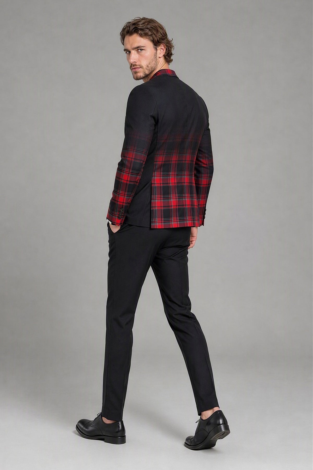 Savile Men's Red & Black Plaid Blazer | Slim-Fit Tartan Check Jacket with Notch Lapel