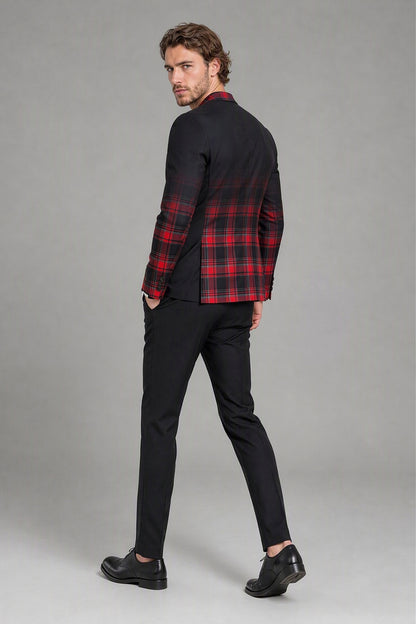 Savile Men's Red & Black Plaid Blazer | Slim-Fit Tartan Check Jacket with Notch Lapel