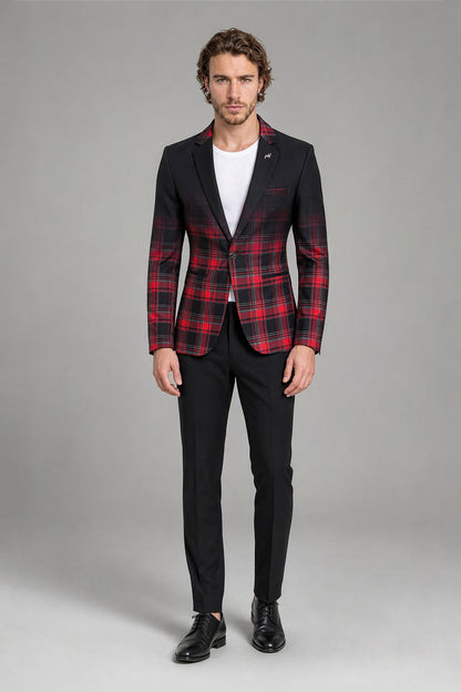 Savile Men's Red & Black Plaid Blazer | Slim-Fit Tartan Check Jacket with Notch Lapel