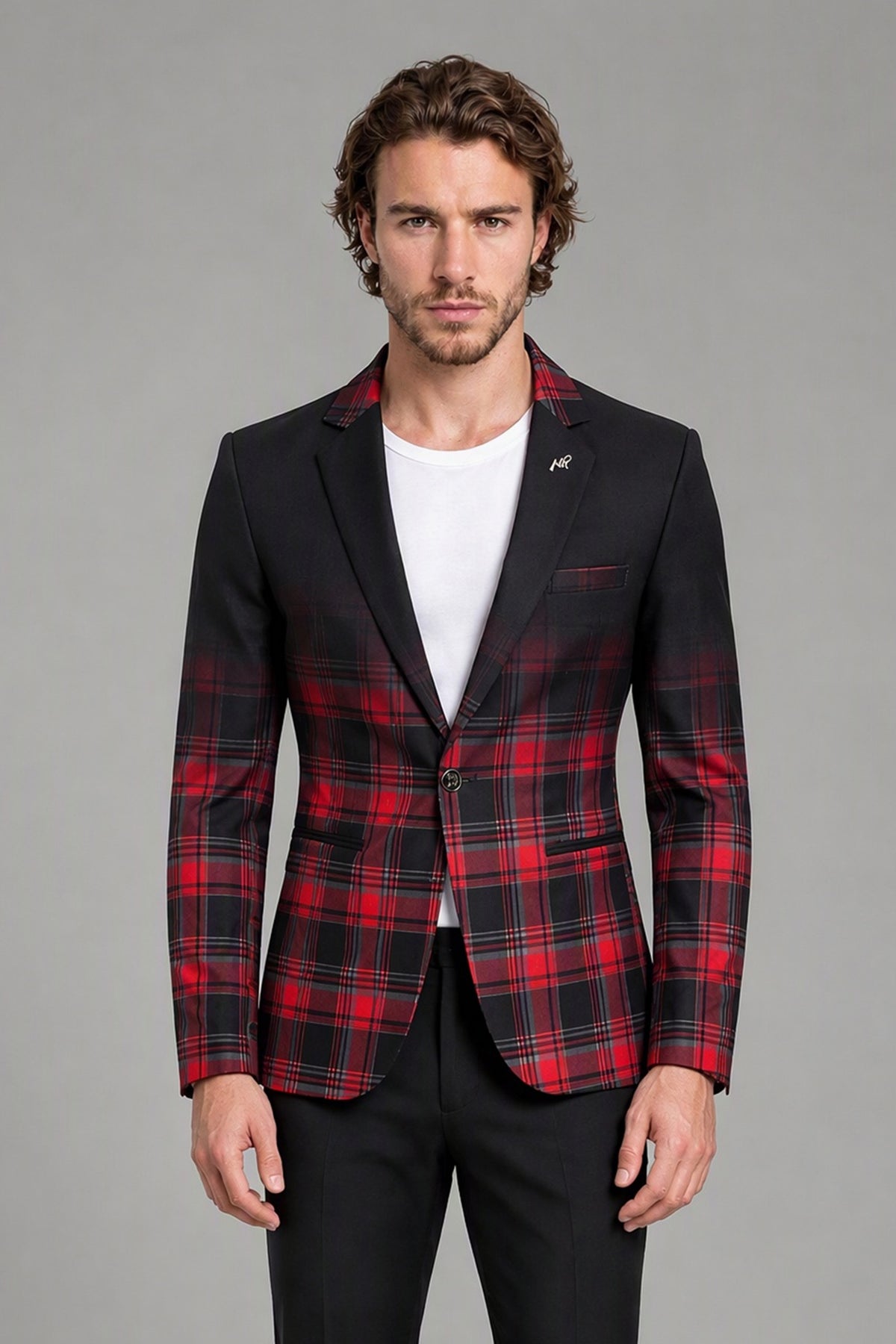 Savile Men's Red & Black Plaid Blazer | Slim-Fit Tartan Check Jacket with Notch Lapel