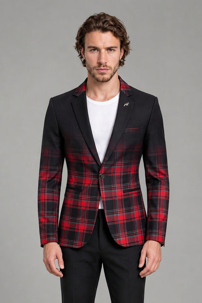 Savile Men's Red & Black Plaid Blazer | Slim-Fit Tartan Check Jacket with Notch Lapel