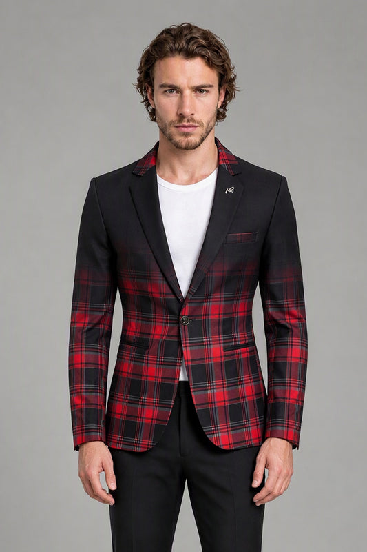 Savile Men's Red & Black Plaid Blazer | Slim-Fit Tartan Check Jacket with Notch Lapel
