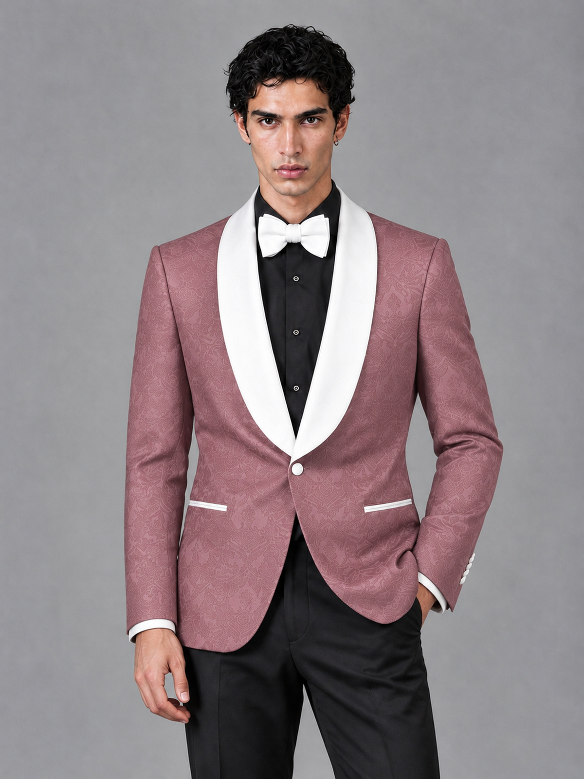 Savile Men's Rose Gold Jacquard White Shawl Lapel 2-Piece Tuxedo Suit Set | Jacket & Trousers - Rose Gold - Rose Gold (1)