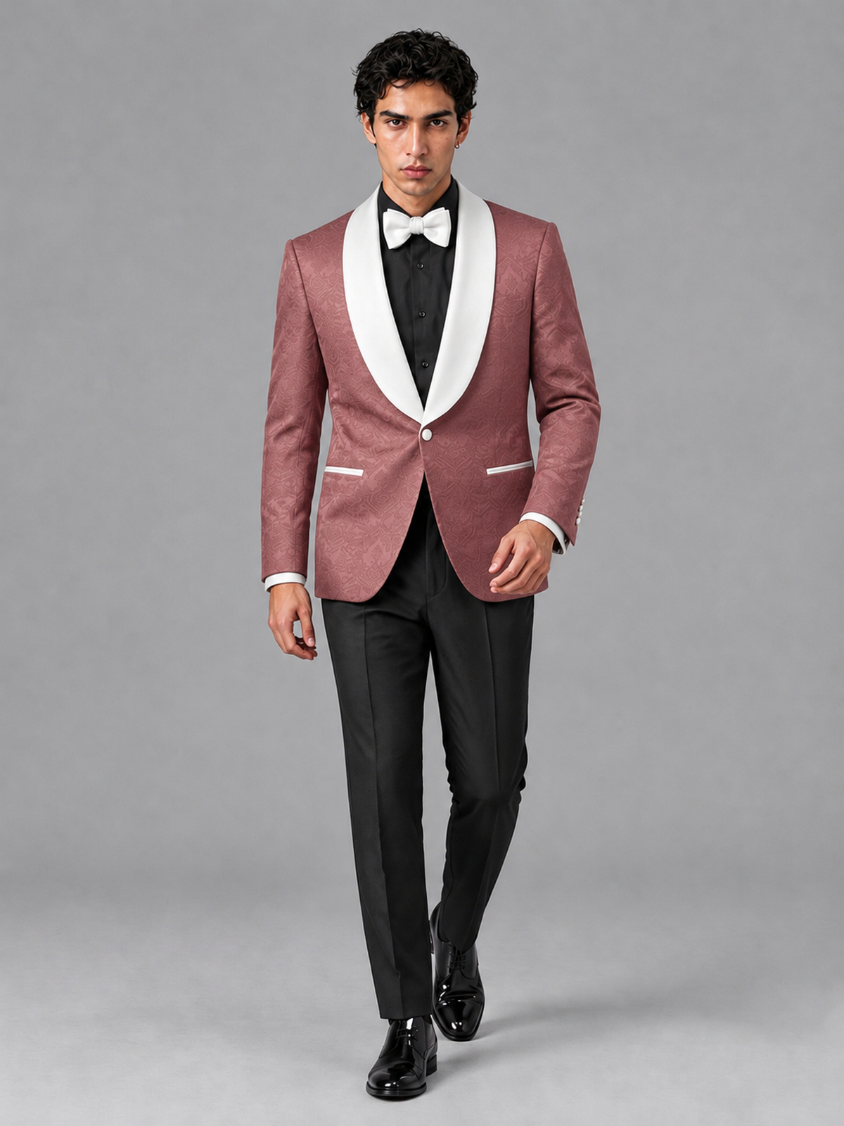 Savile Men's Rose Gold Jacquard White Shawl Lapel 2-Piece Tuxedo Suit Set | Jacket & Trousers - Rose Gold - Rose Gold (3)