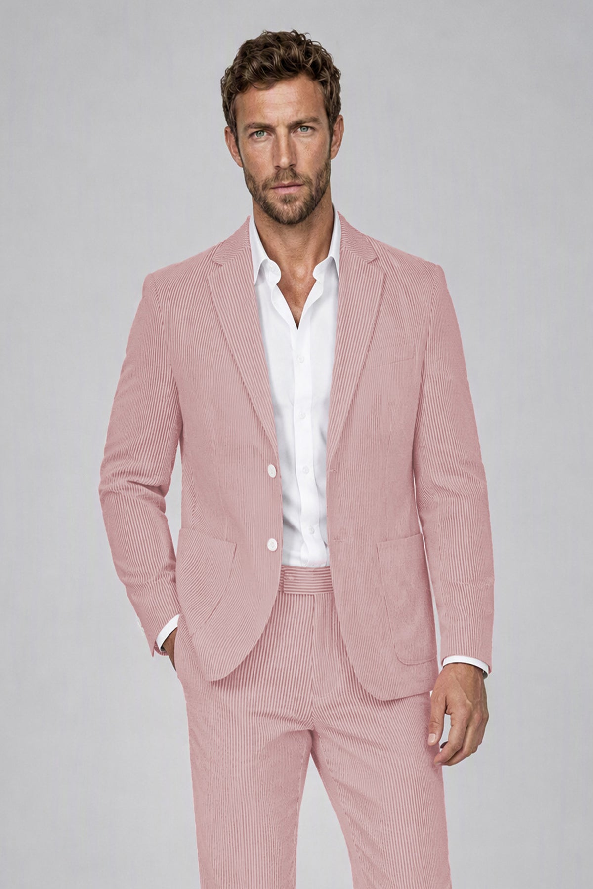 Savile Men's Rose Pink Striped 2-Piece Suit Set – Notch Lapel Blazer & Tailored Trousers - Rose Pink - Rose_Pink(1)