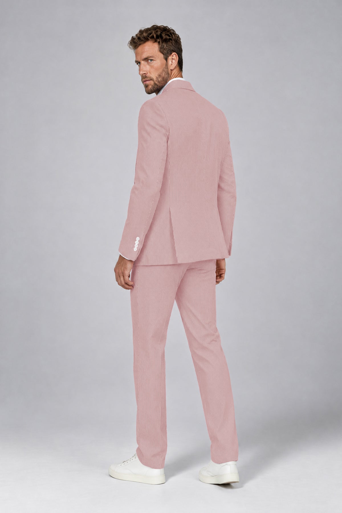 Savile Men's Rose Pink Striped 2-Piece Suit Set – Notch Lapel Blazer & Tailored Trousers - Rose Pink - Rose_Pink(3)