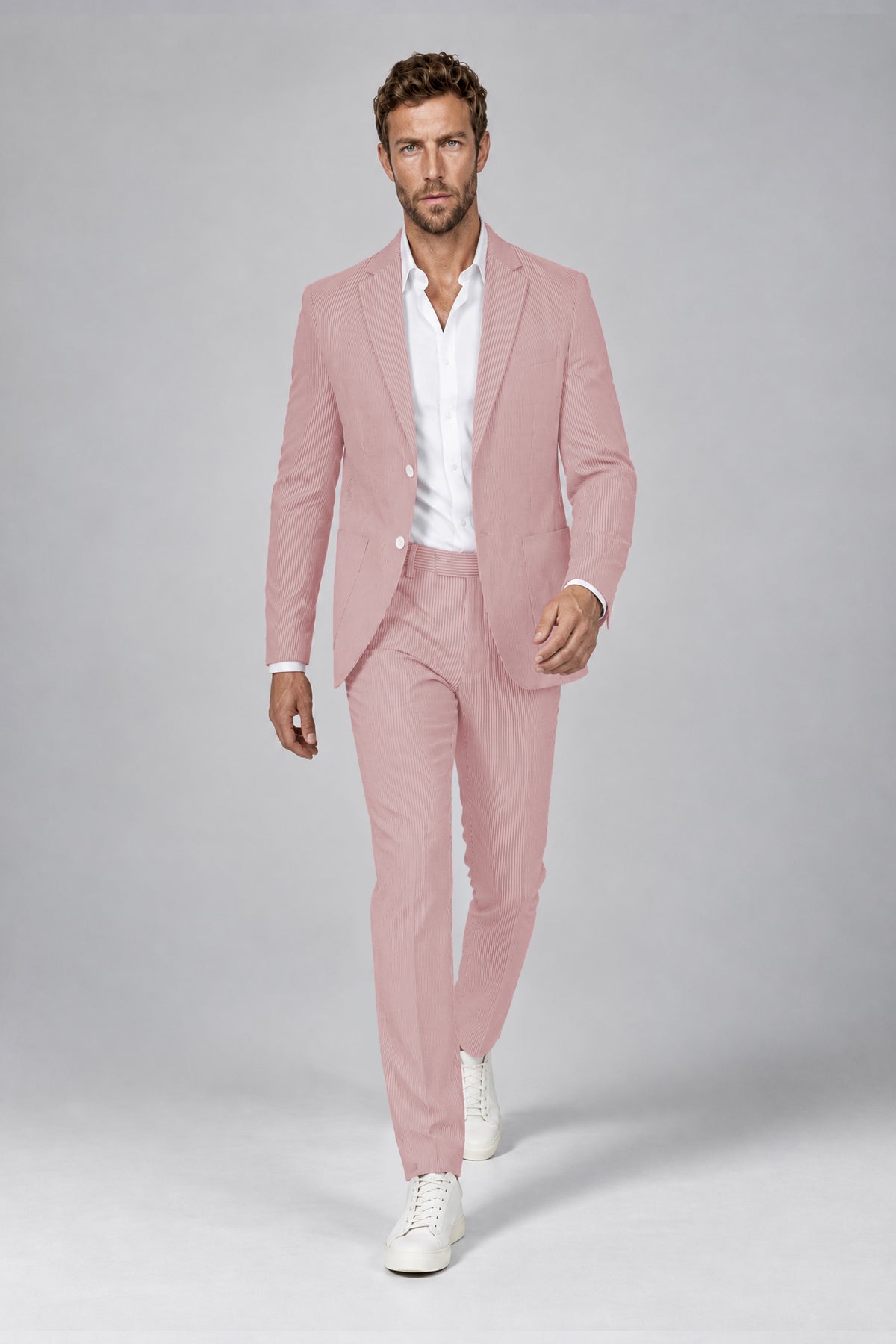 Savile Men's Rose Pink Striped 2-Piece Suit Set – Notch Lapel Blazer & Tailored Trousers - Rose Pink - Rose_Pink(4)