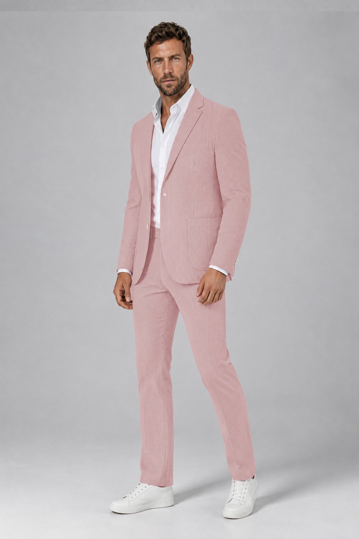 Savile Men's Rose Pink Striped 2-Piece Suit Set – Notch Lapel Blazer & Tailored Trousers - Rose Pink - Rose_Pink(5)