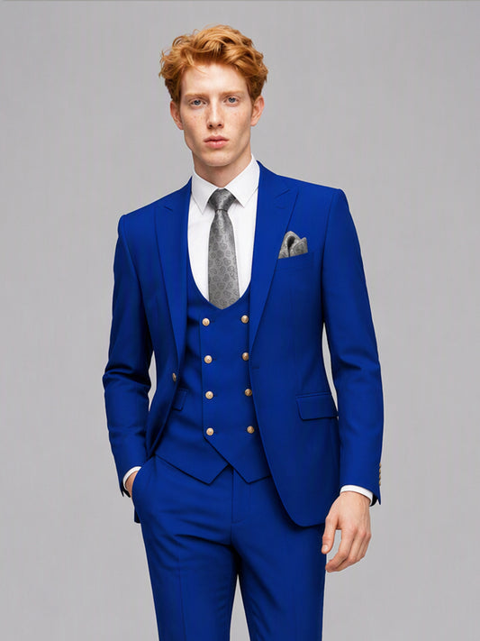 Men's Royal Blue 3-Piece Suit Set – Jacket, Double-Breasted Vest & Trousers