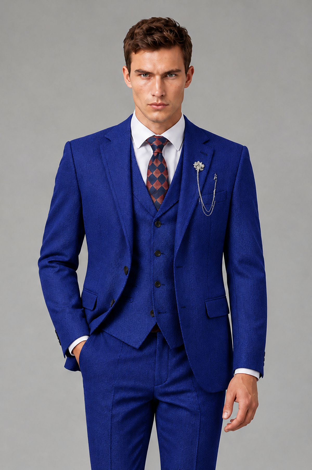 Savile Men's Grey Notch Lapel 3-Piece Suit Set | Jacket, Vest & Trousers - Royal Blue - Royal Blue