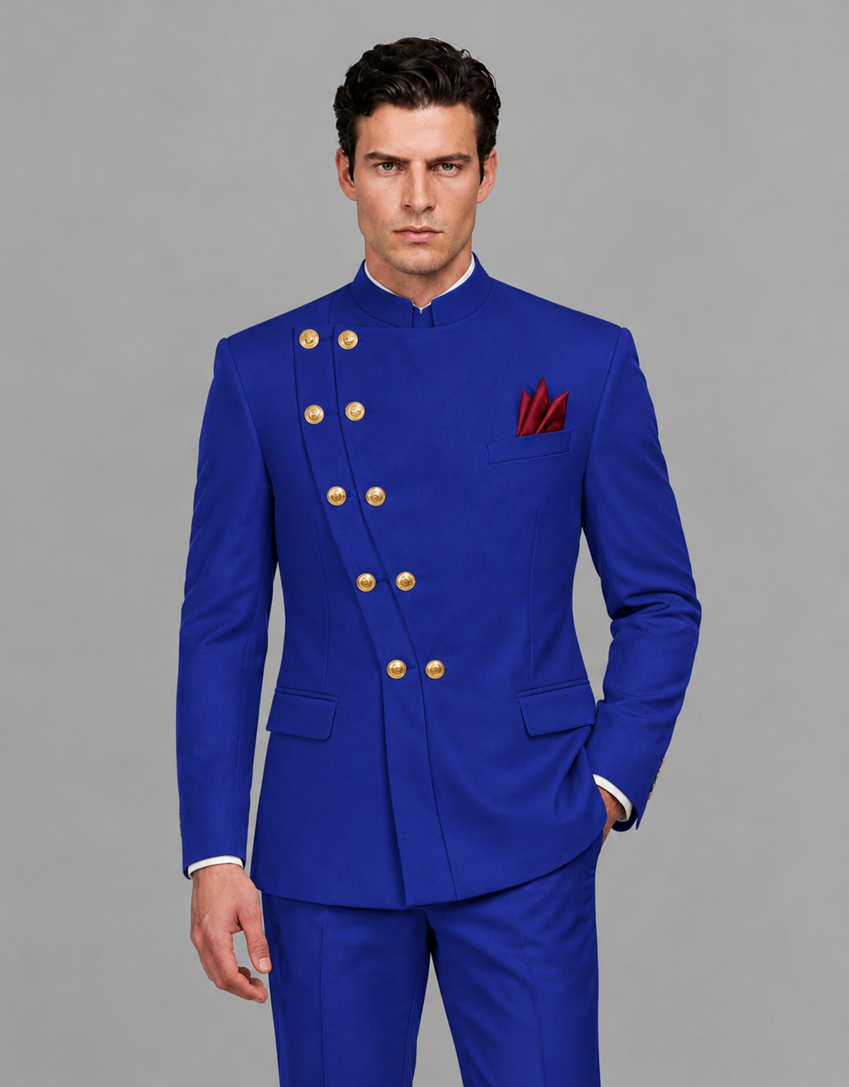BOLODOO Men's Royal Blue Asymmetrical Mandarin Collar Tuxedo Suit – Modern 2-Piece Gold Button Wedding, Prom & Gala Set - Royal Blue - Royal Blue_01