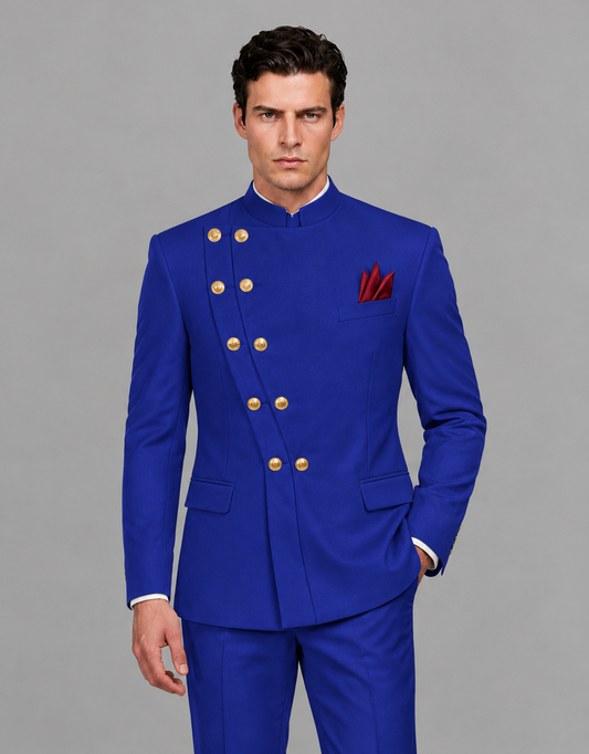 BOLODOO Men's Royal Blue Asymmetrical Mandarin Collar Tuxedo Suit – Modern 2-Piece Gold Button Wedding, Prom & Gala Set - Royal Blue - Royal Blue_01