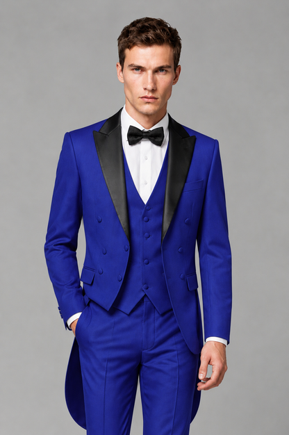 Savile Royal Blue 3-Piece Tailcoat Tuxedo Suit with Black Peak Lapel - Royal Blue - Royal Blue_01