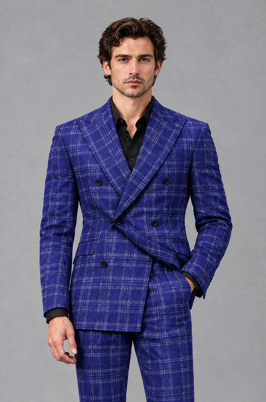 Savile Men's Rust Plaid 2-Piece Double-Breasted Suit – Peak Lapel Slim-Fit Jacket & Trousers Set - Royal Blue - Royal Blue