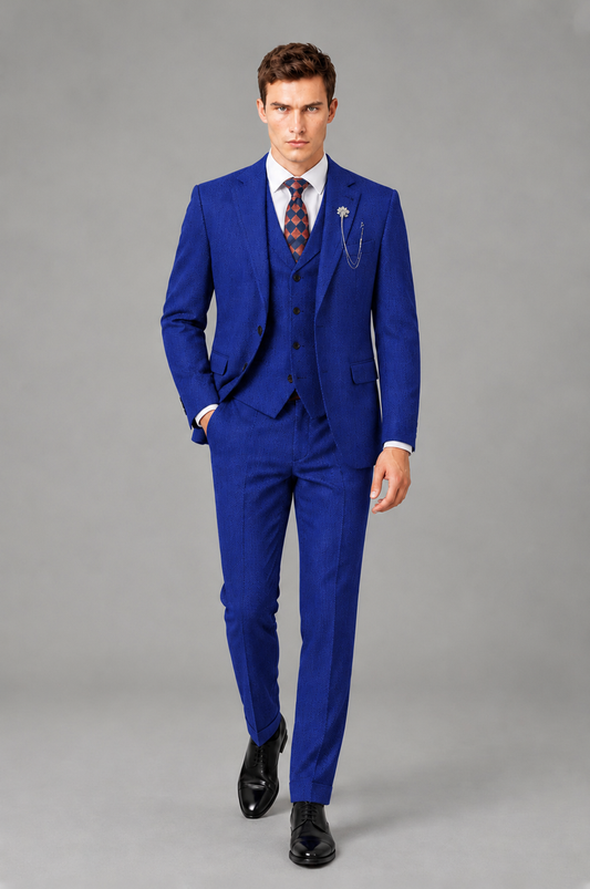 Savile Men's Grey Notch Lapel 3-Piece Suit Set | Jacket, Vest & Trousers - Royal Blue - Royal Blue