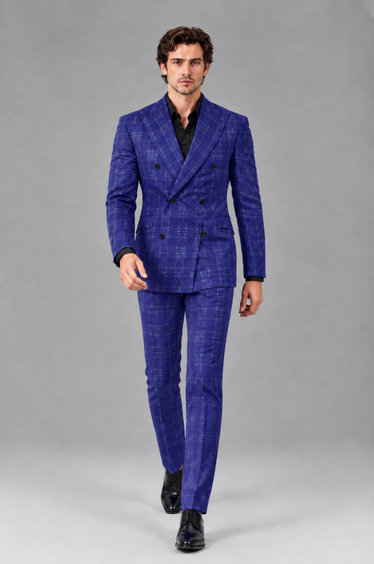 Savile Men's Rust Plaid 2-Piece Double-Breasted Suit – Peak Lapel Slim-Fit Jacket & Trousers Set - Royal Blue - Royal Blue