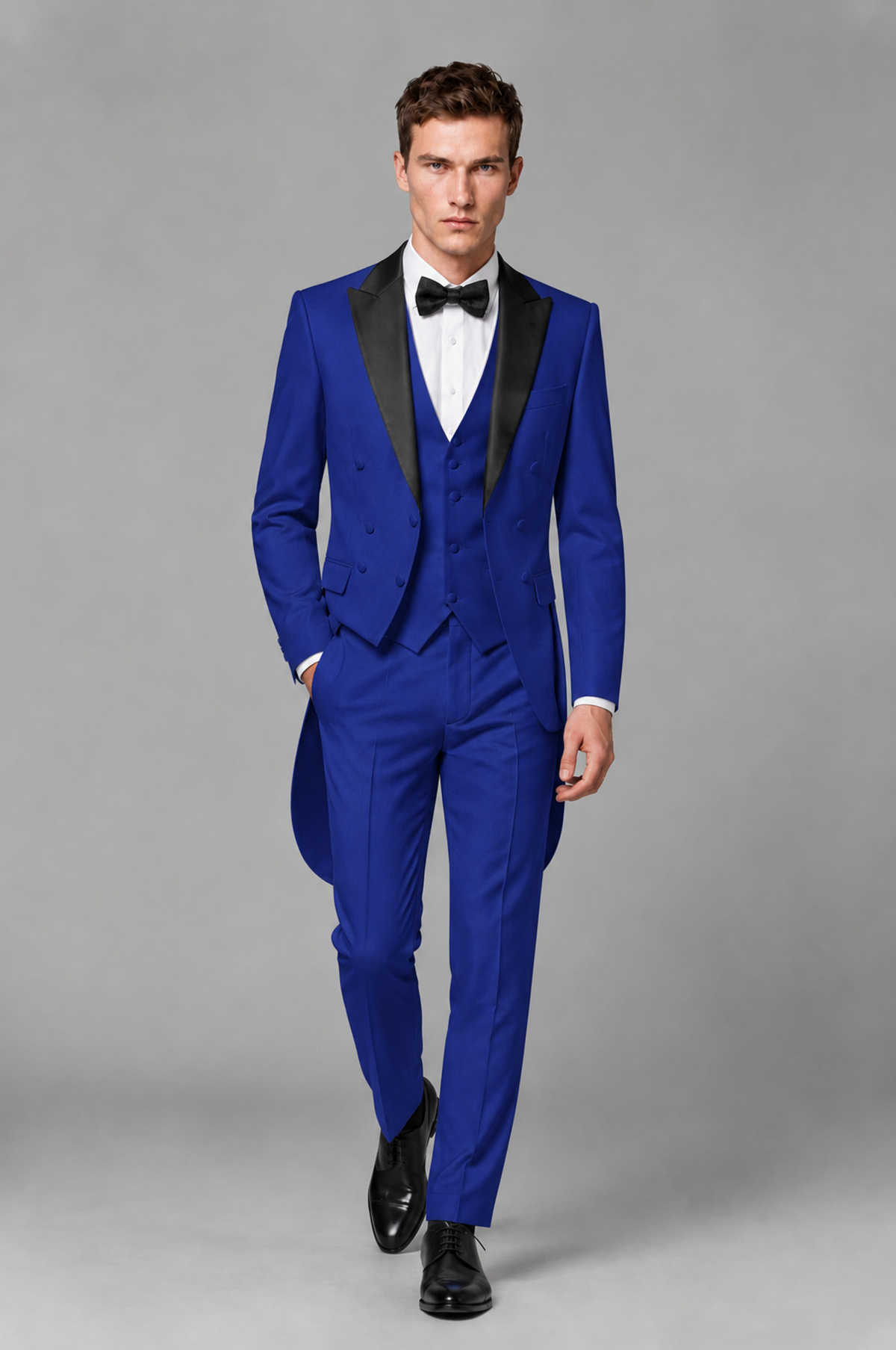 Savile Royal Blue 3-Piece Tailcoat Tuxedo Suit with Black Peak Lapel - Royal Blue - Royal Blue_02