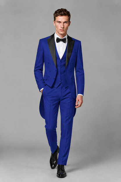 Savile Royal Blue 3-Piece Tailcoat Tuxedo Suit with Black Peak Lapel - Royal Blue - Royal Blue_02