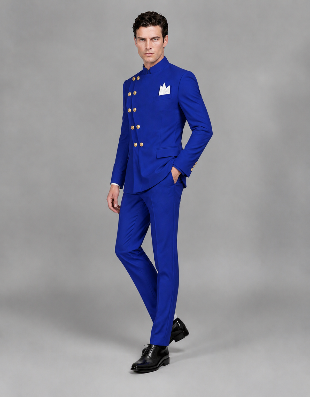 BOLODOO Men's Royal Blue Asymmetrical Mandarin Collar Tuxedo Suit – Modern 2-Piece Gold Button Wedding, Prom & Gala Set - Royal Blue - Royal Blue_04