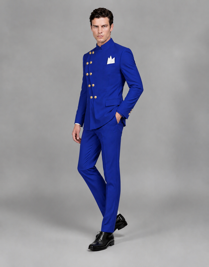 BOLODOO Men's Royal Blue Asymmetrical Mandarin Collar Tuxedo Suit – Modern 2-Piece Gold Button Wedding, Prom & Gala Set - Royal Blue - Royal Blue_04